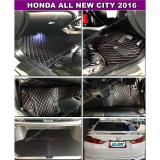 HONDA CITY 2014-19 พรม6D VIP พรมรถยนต์ สีดำด้ายแดง+แผ่นปูท้าย เต็มคัน 4ชิ้น