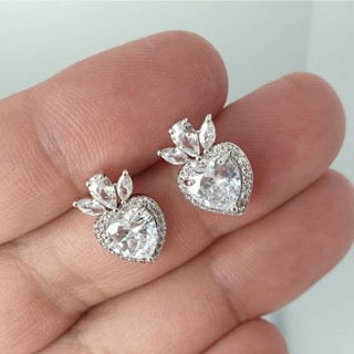 ##ถูกสุดๆ## ต่างหูเพชร CZ Diamond รูปหัวใจ มีใบ ขนาด 10x15 mm ตัวเรือนเงิน ไม่แพ้ ไม่ลอกไม่ดำ โดย AC_Jewelry