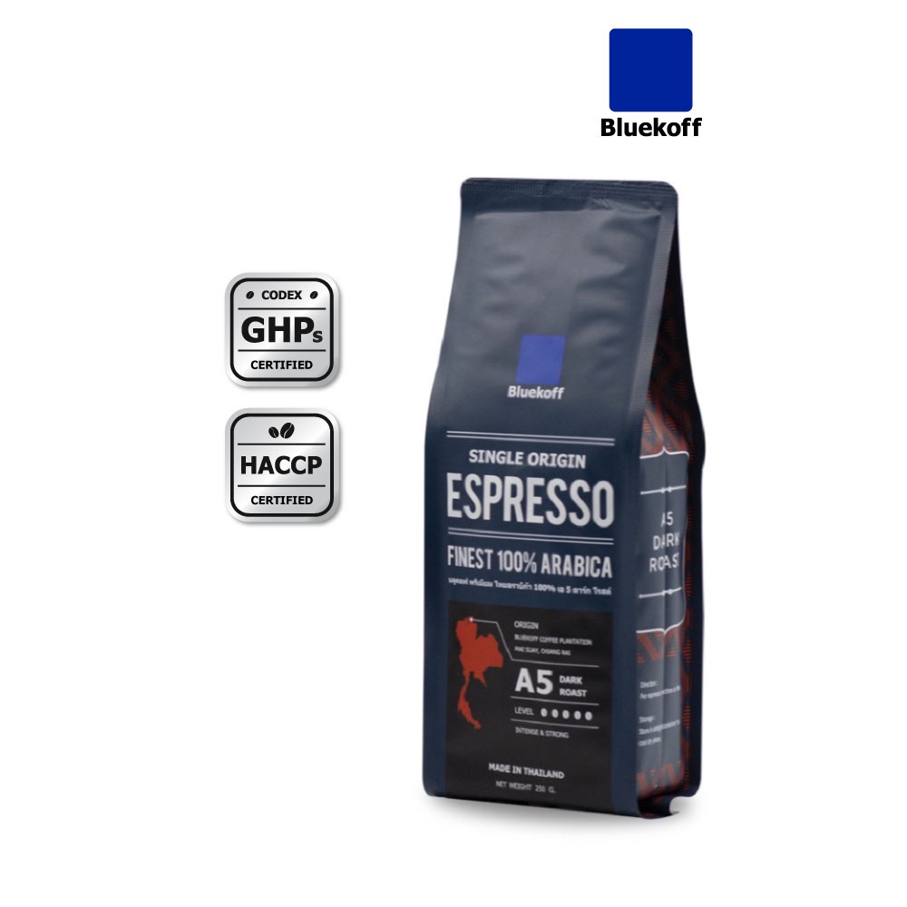 Bluekoff A5 เมล็ดกาแฟ ไทย อราบิก้า 100% Premium เกรด A คั่วสด ระดับเข้ม (Dark Roast) บรรจุ 250 กรัม - เมล็ดกาแฟคั่ว