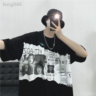 feng046Design Sense niche เสื้อยืดแขนสั้นผู้ชายฤดูร้อนแบรนด์เสื้อผ้าหลวม INS สไตล์ฮ่องกงทุกการแข่งขันสไตล์ฮาราจูกุครึ่งแ