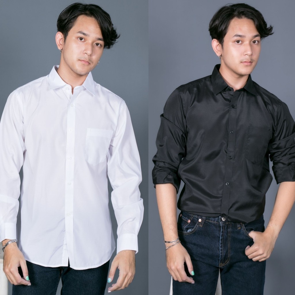 เสื้อเชิ้ตชายแขนยาวทางการ-งานดีมาก-ขาว-ดำ