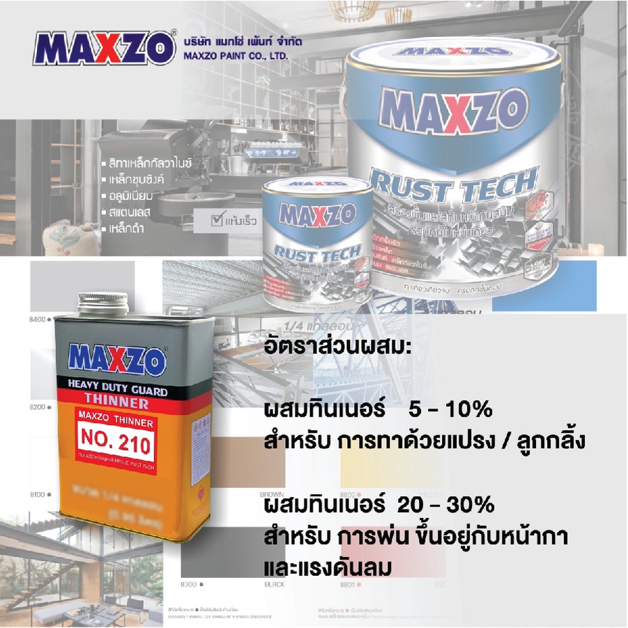 maxzo-ทินเนอร์-เบอร์-210-ขนาด-1-4-กล-สำหรับผสมสี-maxzo-rust-tech-รองพื้นและทับหน้าเหล็กชุบซิงค์