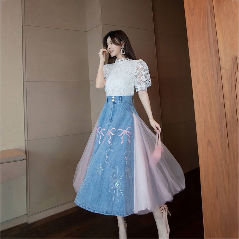 พร้อมส่ง-skirt-womens-new-high-waist-umbrella-skirt-long-gauze-skirt-embroidery-mesh-half-length-denim-skirt