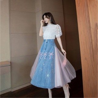 🚚พร้อมส่ง#👗Skirt Womens new high waist umbrella skirt long gauze skirt embroidery mesh half-length denim skirt