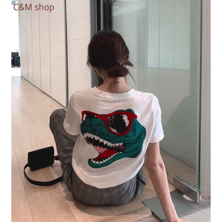 เสื้อยืดแขนสั้นพิมพ์ลายไดโนเสาร์แฟชั่นสตรี