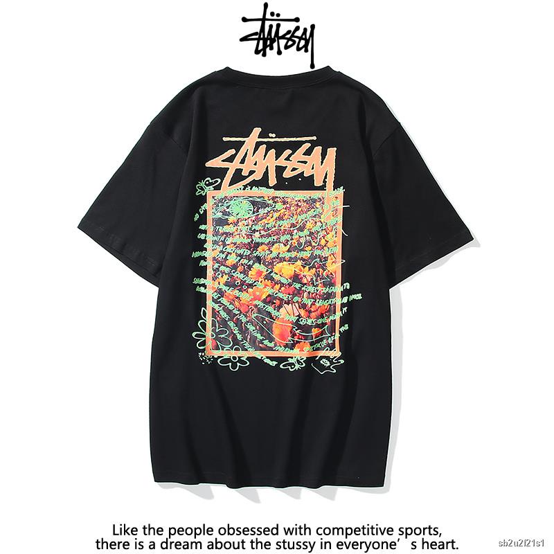 เสื้อยืดผ้าฝ้ายพิมพ์ลาย-stussy-เสื้อยืดลําลองผ้าฝ้ายแขนสั้นพิมพ์ลายทรงหลวม