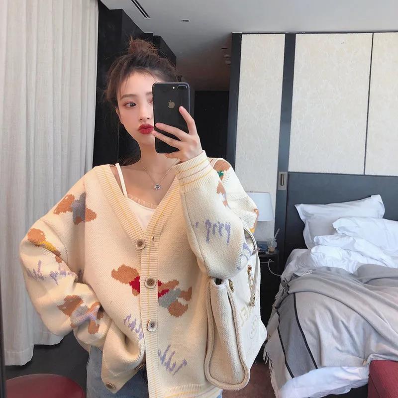 เสื้อคาร์ดิแกน-คอวี-ชนิดผ้าถัก-ทรงหลวม-สำหรับสตรี-เสื้อกันหนาวลายหมี