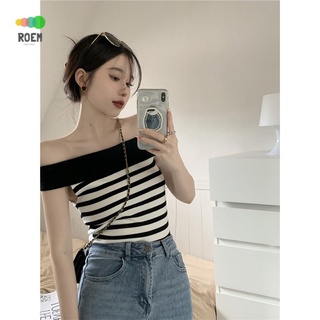 One-line collar collarbone contrast color striped short slim sleeveless sweater top womens summer hot girl sexy T-shirt