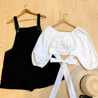 Set 2 ชิ้น เสื้อผ้าปักลาย แขนยาวจั๊มแต่งโบว์ผูกเอว เอี๊ยมกางเกงผ้าลูกฟูก ทรงปล่อยใส่สบาย สายปรับได้