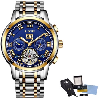 LIGE Luxury Brand Men Full automatic Mechanical Watch Tourbillon Business Stainless Steel Man Calendar Watches relogio