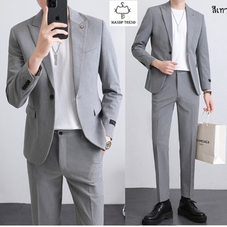 สินค้า ชุดสูทผู้ชายสลิมผ้ายืดสีเทาอ่อน+กางเกงสไตล์เกาหลี(2ชิ้น =เสื้อสูท + กางเกง)#96542