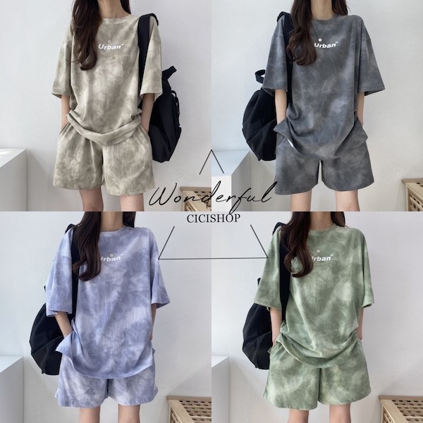 ราคาและรีวิวCicishop(D9155)ชุดเซตเสื้อยืด+กางเกงขาสั้น สีลายหินอ่อนมาแรง เท่ห์สตรีทมากๆ