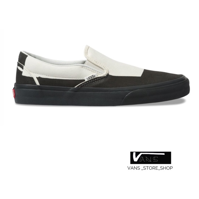 ราคาและรีวิวVANS SLIP ON OVERPRINT BLACK CLASSIC WHITE SNEAKERS สินค้ามีประกันแท้