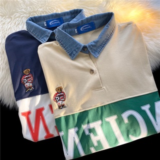 เสื้อยืดโปโลแขนสั้น ผ้าฝ้าย 100% ลายหมี ทรงหลวม สีตัดกัน สไตล์อเมริกัน สําหรับผู้หญิง