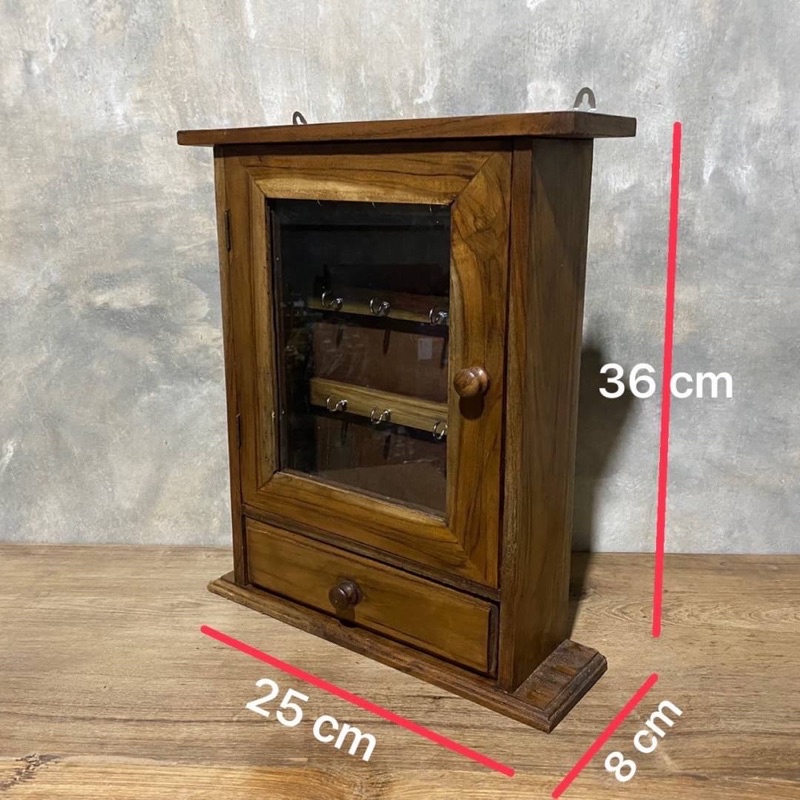 ตู้แขวนกุญแจ-ตู้เก็บกุญแจไม้สัก-มีลิ้นชัก-ลึก-8-x-ยาว-25-x-สูง-36-cm-ผลิตจากไม้สักแท้-ด้านหลังตู้จะเป็นไม้อัดสัก