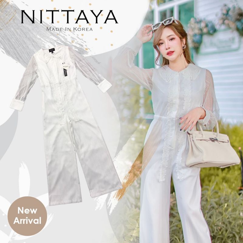 ป้าย-nittaya-จั้มสูทขายาวสีขาวแขนซีทรูคอปก