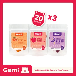 ภาพขนาดย่อของสินค้าGemi เจมมี่ - MiniPack Set 20 gummies รวม 3 ซอง / ขนาดทดลอง แอปเปิ้ลไซเดอร์ ไบโอติน และกู๊ดไนท์สลีพ กัมมี