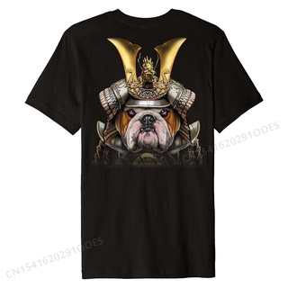 เสื้อยืดผ้าฝ้ายพรีเมี่ยม เสื้อยืดท็อป ผ้าฝ้าย พิมพ์ลาย English Bulldog Warrior wearing Samurai Armor Premium สําหรับผู้ช