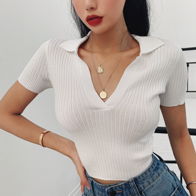 anna-3008เสื้อครอปผู้หญิง-เสื้อครอปครึ่งตัว-อกv-น่ารักมากอผ้าคัตตอน-crop-top-เสื้อครอปแขนสั้น