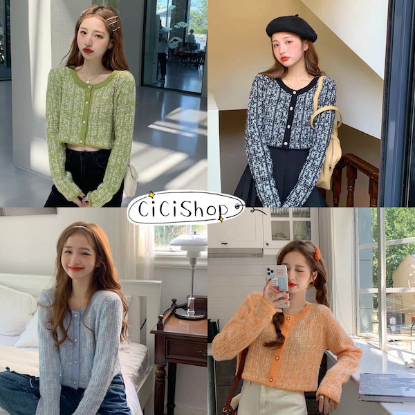 ราคาและรีวิวCicishop(7205)เสื้อคานิแกนผ้าไหมพรมคอกลม ผ้ายืดได้เยอะทอสลับสี แต่งกระดุมมุก