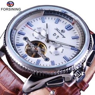 Forsining Navigator Series Brown Leather Tourbillion Watch Blue Dial Calendar Display Men Automatic Watch Top Brand Luxu
