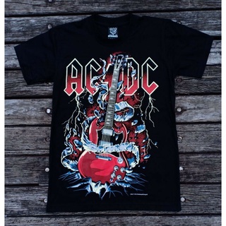 เสื้อยืดโอเวอร์ไซส์เสื้อยืดผ้าฝ้าย แขนสั้น พิมพ์ลาย NTS 14R217 ACDC HARD ROCK N ROLL BAND LIGHTNING STRIKE กีตาร์ไฟฟ้า ร