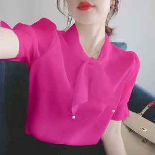 ♚2021 ฤดูร้อน ใหม่เสื้อชีฟองหญิงรุ่นเกาหลีหลวมแขนสั้นสุทธิเสื้อสีแดงซุปเปอร์นางฟ้าสไตล์ต่างประเทศ