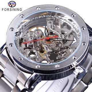 Forsining Silver Skeleton Wristwatches Black Red Pointer Silver Stainless Steel Belt Automatic Watches for Men Transpare