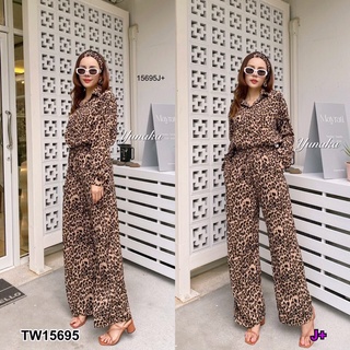 TW15695 Set 3 ชิ้น เสื้อเชิ้ตคอปกแขนยาว +กางเกงเอวยางยืดด้านหลัง มีกระเป๋าข้าง เนื้อผ้าไหมเกาหลี ลายเสือ + ที่คาดผม