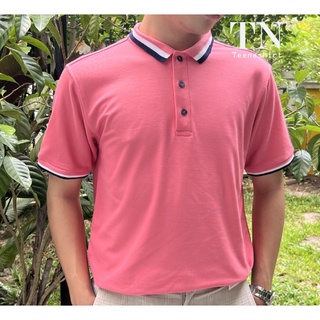 TNP fashion เสื้อโปโล สีชมพูโอรส TK Micro ปกกรม คอปก แขนจั๊ม (ทรงตรง)
