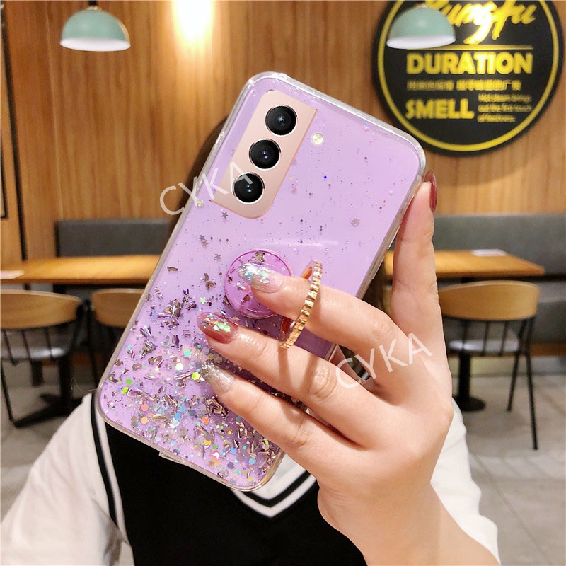 2022-new-เคส-samsungs21-fe-5g-เคสโทรศัพท์-galaxy-s21-fe-solid-glitter-ring-holder-transparent-cover-samsung-s21-fe