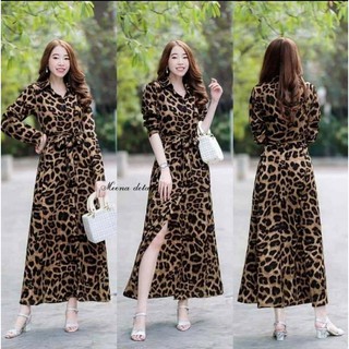 Maxi Maxi dress ปกเชิ้ตลายเสือ