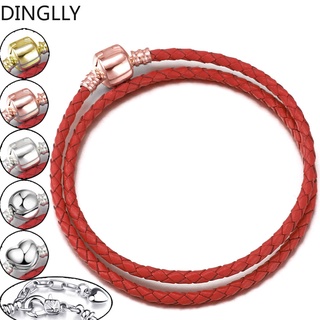 Dinglly 6 หัวเข็มขัด ห่วงคู่ สีแดง สร้อยข้อมือหนัง โซ่ เสน่ห์ สร้อยข้อมือหนังถัก ของแท้ สําหรับผู้หญิง อุปกรณ์เสริม