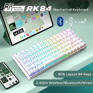 ROYAL KLUDGE RK84 แป้นพิมพ์เครื่องกลสีขาว 2.4Ghz ไร้สาย/บลูทูธ/มีสาย RGB Hot Swappable คีย์บอร์ดเล่นเกมสวิตช์สีแดง/น้ำตาล/น้ำเงิน