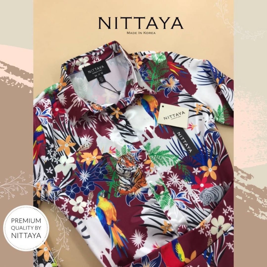 nittaya-n4-set2ชิ้น-เสื้อเชิ๊ตคอปกมาพร้อมกางเกงขาสั้นเอวสูง-พิมพ์ลายเสือ-สวยมากก-สีแดงขับผิวสุดๆ