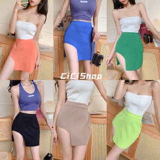 Cicishop(2373)กระโปรงไหมพรมทรงเอ เว้าข้างสีสดใส ต้อนรับซัมเมอร์