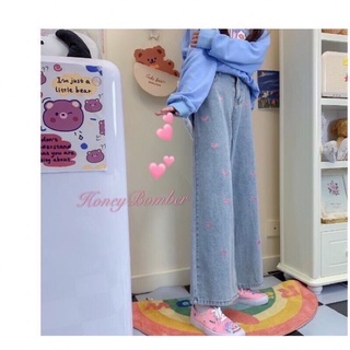 Fashion กางเกงยีนส์งานปักรูปหัวใจ 💕(สีชมพู) 💕ทรงกระบอกขายาว น่ารักสดใส 13-8