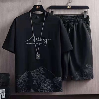 ชุดเสื้อยืดลําลอง แขนห้าส่วน แบบบาง สวมใส่สบาย แฟชั่นฤดูร้อน สไตล์สตรีท สําหรับผู้ชาย สองชิ้น