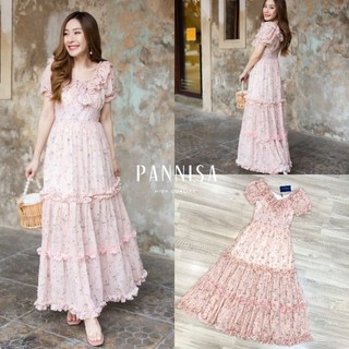 PANNISA: Maxi dressพิมพ์ลายดอกไม้เล็กๆแขนตุ๊กตา