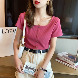 Korean version of the new lady retro French T-shirt square collar short sleeves
