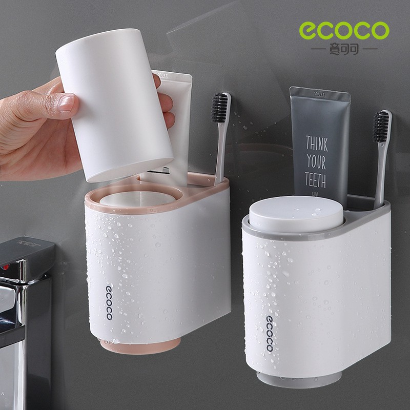 ecoco-ที่เก็บแปรงสีฟันพร้อมแก้ว-2-ใบ-ที่ใส่ยาสีฟัน-ติดตั้งง่าย-ไม่ต้องเจาะผนัง-มีให้เลือก-2สี