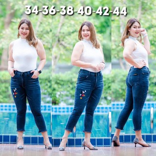 Plus Size เอว34-44” กางเกงยีนส์สาวอวบขายาวปักมิกกี้เมาส์ ใส่สบายมาก