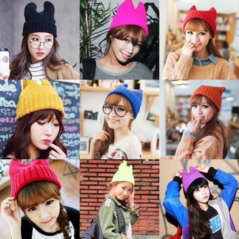 หมวกไหมพรม-มีหู-สีล้วน-หมวกหน้าหนาว-cap-hat-ราคาถูก-พร้อมส่ง