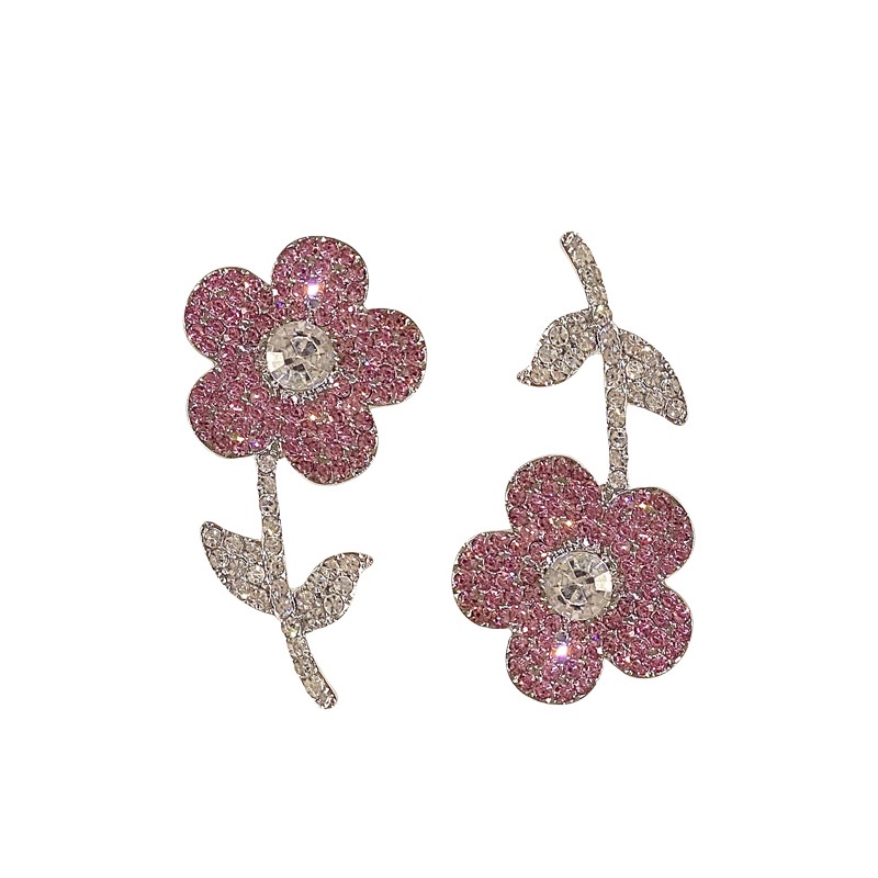 dincior-ต่างหูเข็มเงิน-925-ประดับคริสตัล-รูปดอกไม้-สีชมพู