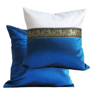 A11-Thai Silk Pillow Covers ปลอกหมอนอิง Two Tone ไหมไทยลายช้าง 16×16 นิ้ว 1 ใบ ขาว-น้ำเงิน