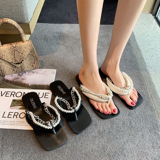 เวอร์ชั่นเกาหลีของรองเท้าแตะส้นหนาต่ำของผู้หญิงรองเท้าแตะลูกปัดนิ้วเท้าคลิปใหม่