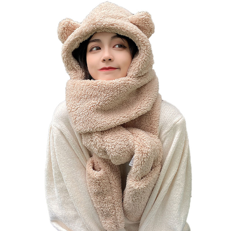 ผ้าพันคอ-ถุงมือ-มีฮู้ด-ผ้ากํามะหยี่ขนนิ่ม-ลายหมีน่ารัก-สามชิ้น-สไตล์เกาหลี-เหมาะกับฤดูใบไม้ร่วง-และฤดูหนาว-เข้าได้กับทุกชุด-สําหรับเด็กผู้หญิง