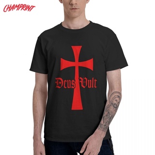 เสื้อยืดคอกลม แขนสั้น ผ้าฝ้าย 100% พิมพ์ลาย Deus Vult With Knights สําหรับผู้ชาย และผู้ใหญ่