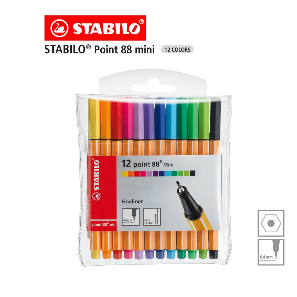 ราคาและรีวิวSTABILO Point 88 Mini ปากกาสีหมึกน้ำ หัวเข็ม Fibre-Tip Pen ชุด 12 สี ปากกาหัวเข็ม