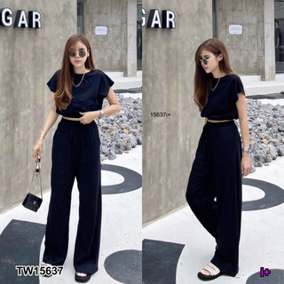 TW15637 Set 2 ชิ้น Crop top stly rawii Set เสื้อครอปจั้มเอวแขนล้ำ เนื้อผ้าคอตตอน + กางเกงขายาว มีเชือกรูดเอว กระเป๋าข้าง